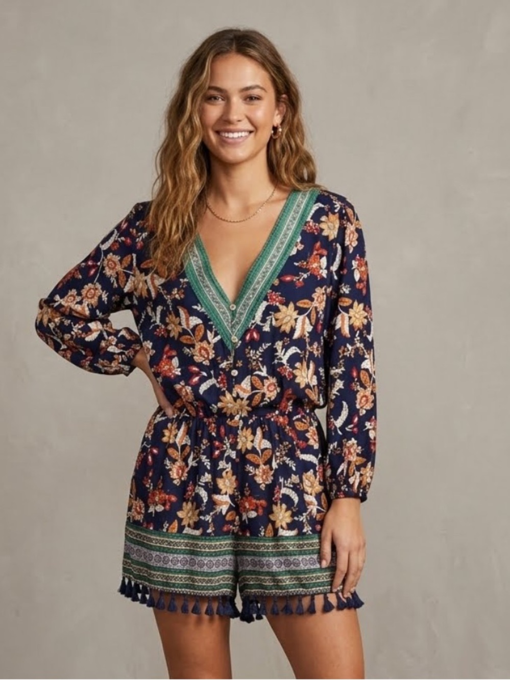 Floral Navy V-Neck Romper with Tassel Hem